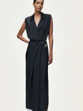 Sleeveless Black Maxi Wrap Dress with Belt Detail